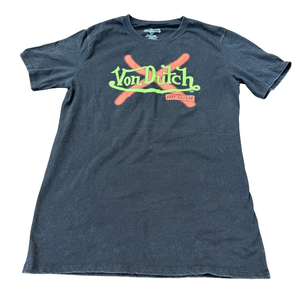 Von Dutch Feel No Fear Skull Graphic T Shirt Black Neon Front Back Size Small - Picture 2 of 8